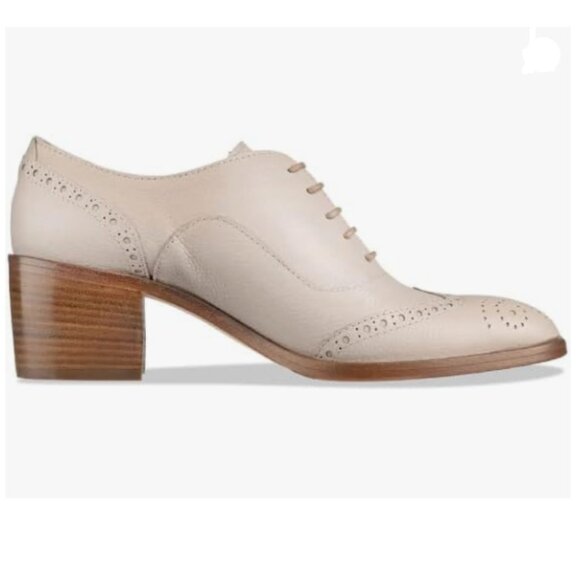 FOWT Beige Perforated Lace-Up Oxfords Almond Toe Mid Chunky Heel Brogues Shoes - Picture 1 of 8